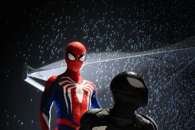 dynamic superhero cosplay in the rain