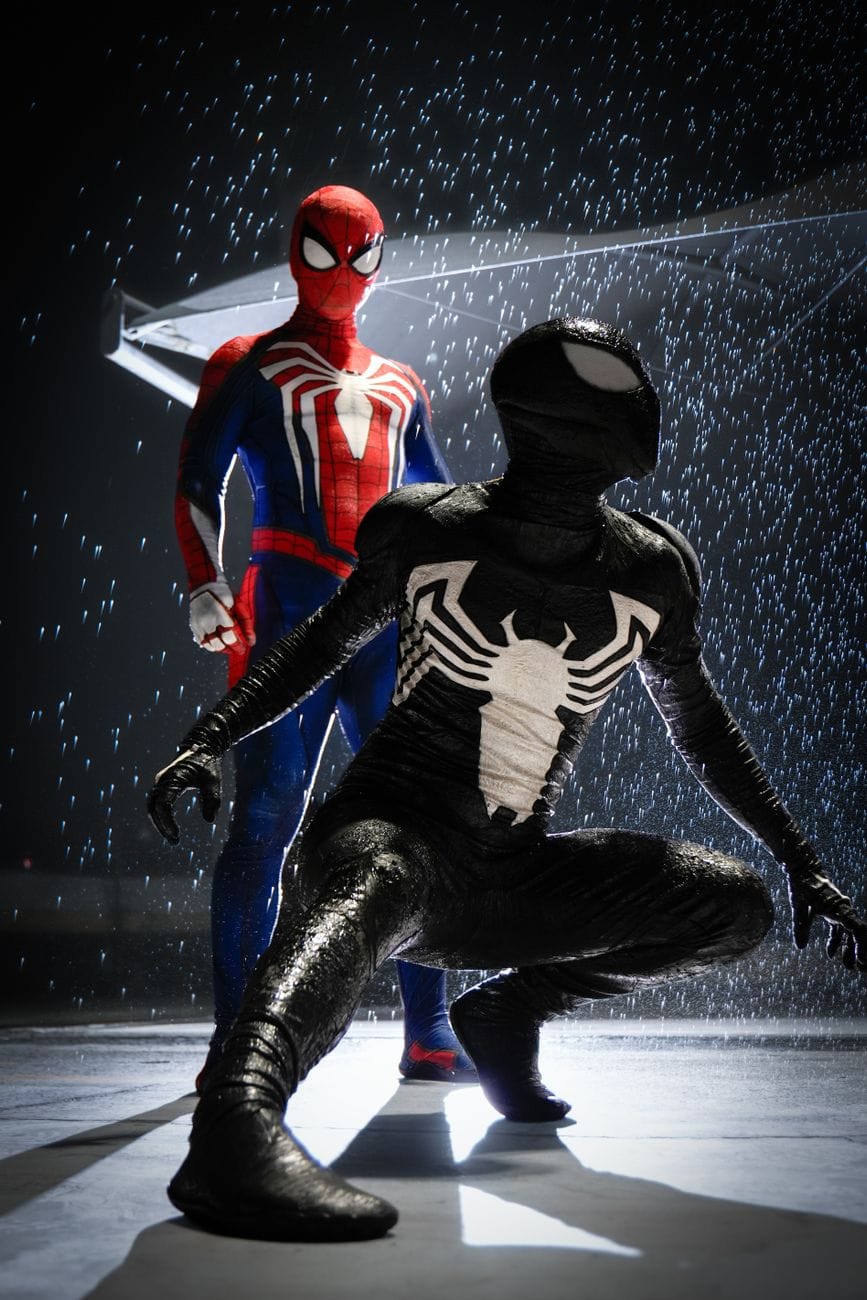 dynamic superhero cosplay in the rain